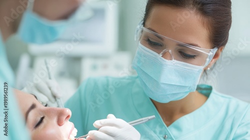 Hispanic female dental hygienist using ultrasonic scaler for teeth cleaning on patient in dental clinic with soft lighting and clinical equipment in the background