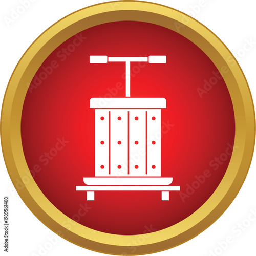 Traditional manual wine press performing grape crushing process on a red background