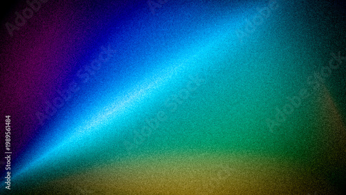 Abstract background with vibrant light leak effect, featuring a grainy texture and neon color gradient of blue, purple, and green. Perfect for modern digital art, cinematic overlays, and web design.