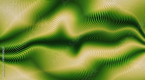 Abstract background featuring vibrant green and gold flowing wave lines with a liquid metallic texture. This elegant 3D undulating pattern creates a modern aesthetic for digital design projects.