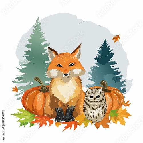 Herbst – Babyfuchs & Eule im Laub