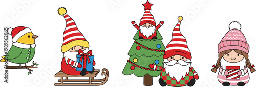 Set of Cute Christmas Illustrations Featuring Gnomes, Christmas Tree, Bird, and Holiday Decorations in Red and Green