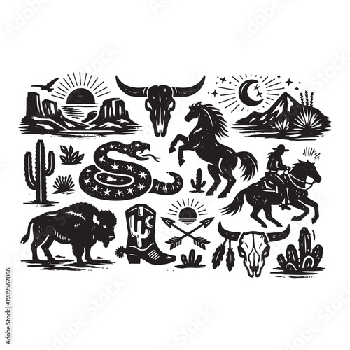 Western Boho Linocut Vector Set Collection 
