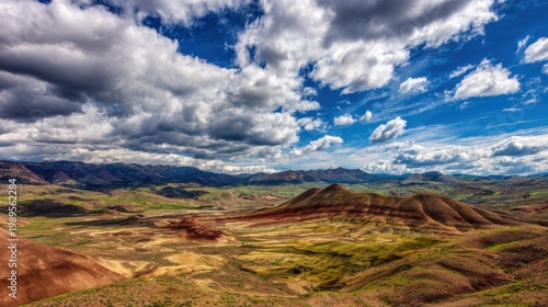 Picturesque Striated Colorful Painted Hills Layered Terrain Dark Grey Clouds Fluffy White Cumulus Bright Blue Sky Distant Mountain Backdrop