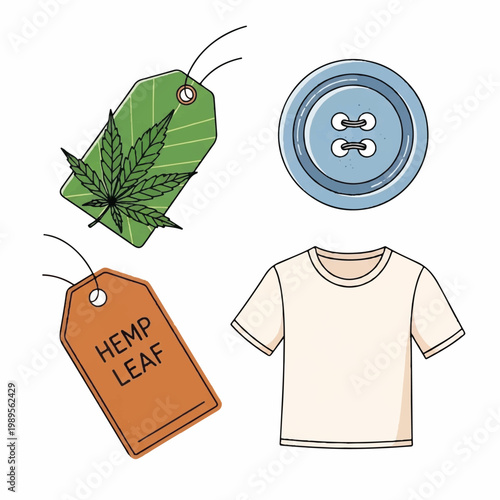 A graphic illustration of a hemp leaf, tags, a button, and a t-shirt.