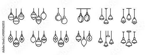 Decorative lighting and Christmas ornaments line icons set featuring hanging ceiling lamps festive holiday balls x-mas baubles web line icons set & more vector illustration on editable stroke