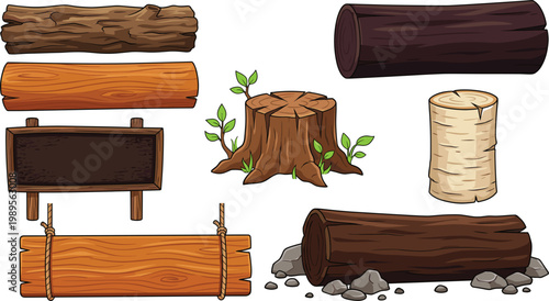 Wooden Log and Signboard Cartoon Set with Tree Stump, Timber Pieces and Rustic Boards for Nature Design, Forestry Illustration and Game Assets