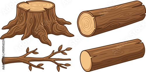 Wood Log and Tree Stump Cartoon Set with Branch Elements for Forestry, Nature Illustration, Wood Texture Design and Rustic Graphic Collection