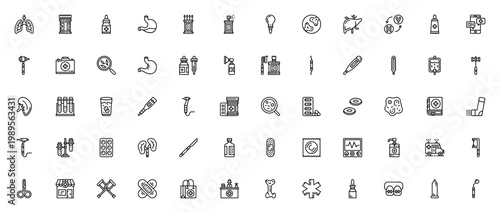 Medical icon set. Vector healthcare symbols collection. Includes lungs, pills, thermometer, DNA, ambulance, scalpel, first aid kit and more. Editable stroke.