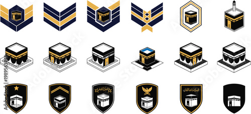 Set of Islamic Kaaba Illustrations with Various Emblems and Icon Designs for Religious and Cultural Graphics