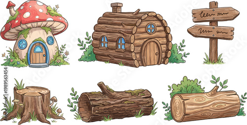 Fairy Tale Forest Elements Set with Mushroom House, Wooden Cabin, Tree Stump, Logs and Signpost for Fantasy Illustration and Nature Design