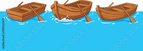 Wooden Row Boat Cartoon Set Floating on Water with Oars in Different Angles for Marine Transport Illustration, Fishing Design and Nautical Graphics
