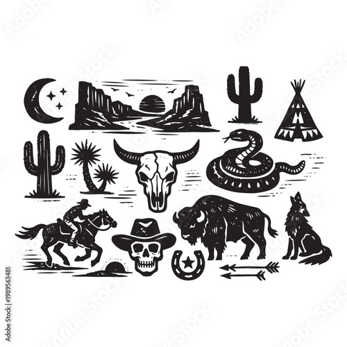 Western Boho Linocut Vector Set Collection 