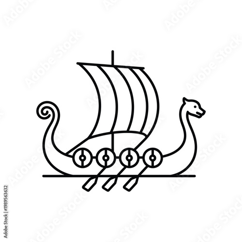 A simple line art illustration of a traditional Viking longship with oars and a sail.