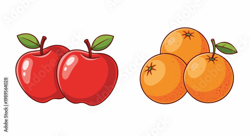Two red apples and three orange fruits with green leaves