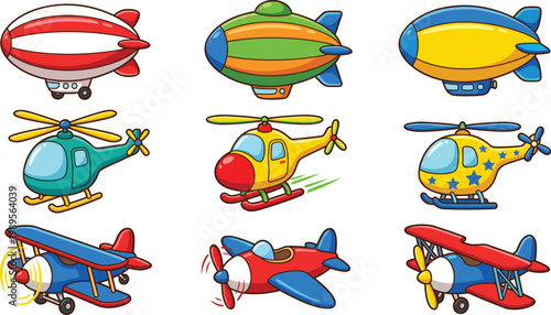 Cartoon Air Transport Set with Colorful Blimps, Helicopters and Vintage Airplanes for Kids Aviation Illustration, Travel Design and Flying Vehicle Graphics