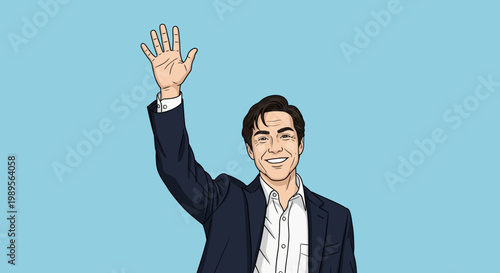 Man in Suit Waving Hello Friendly Greeting.