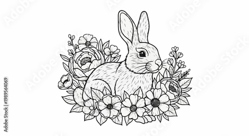 A rabbit nestled among a profusion of delicate flowers and leaves