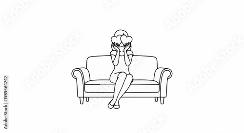 Woman sitting on sofa holding two heart shapes in front of her face