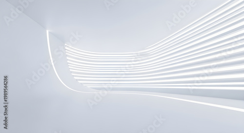 Abstract architectural background with white curved walls and glowing horizontal lines isolated on white background