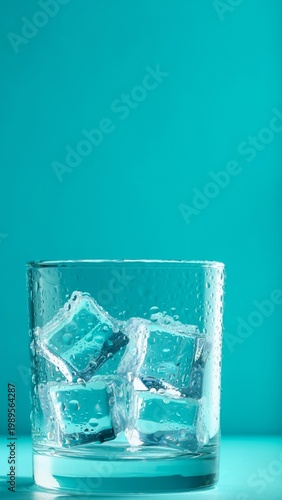 Refreshing Ice Cubes in Clear Glass with Condensation, Vibrant Teal Background, Vertical Copy Space Top