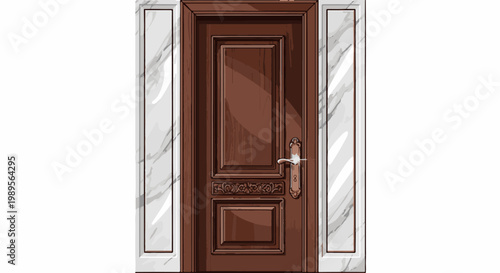 Ornate dark wood door with polished silver handle, flanked by marble