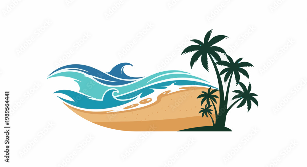 Fototapeta premium Stylized beach scene with waves, sandy shore, and palm trees
