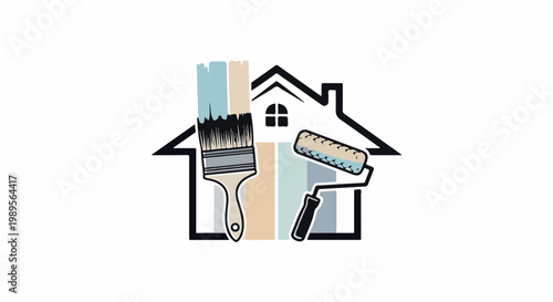 House outline with paint brush and roller in pastel colors