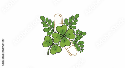 Green shamrocks and leaves surround medical capsules