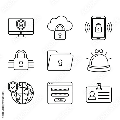 A comprehensive grid of nine line art icons representing various digital data security concepts.