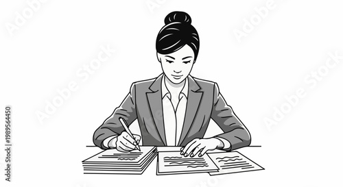 Woman in a suit diligently writing on documents at a desk