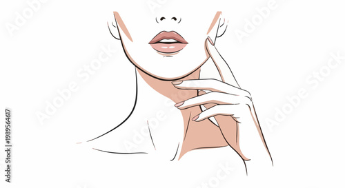 Gentle touch of hand on elegant female face and neck with soft lips