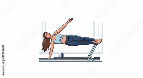 Woman performing side plank on Pilates reformer, upper body elevated, legs extended