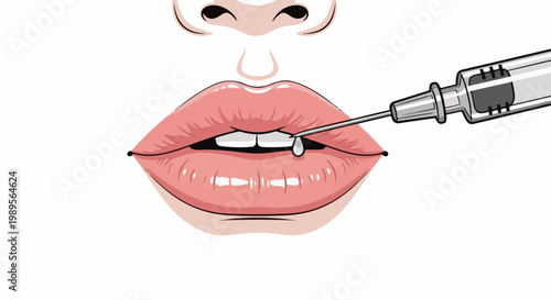 Close-up of a syringe injecting filler into plump lips with white background