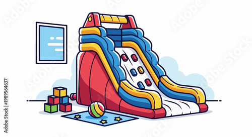 A colorful inflatable slide sits with toy blocks and a ball