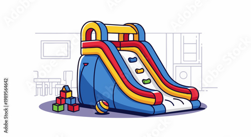Colorful inflatable slide with blocks and ball in a stylized room