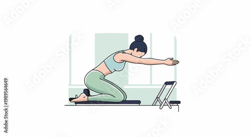 Woman on reformer, stretching arms forward in a fitness class