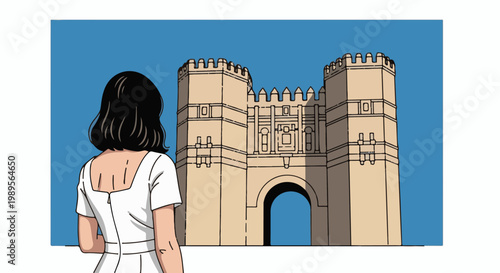Person in white dress looking at ancient stone city gate under blue sky