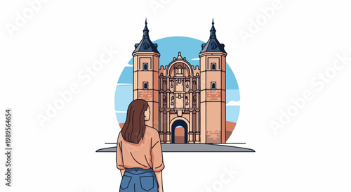 Woman admires ornate historic building with twin spires against a blue sky