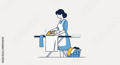 Woman ironing clothes on a board with a basket of laundry beside her