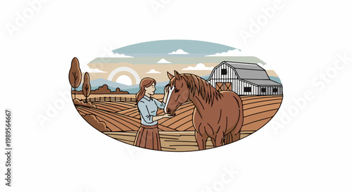 A woman tends to her horse in a rural farm setting with a barn