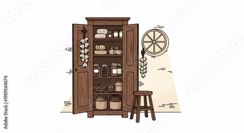 Rustic pantry with open wooden doors filled with jars, cheese, and bread