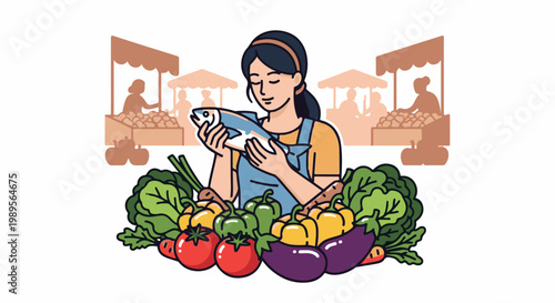 A vendor holds a fish at a vibrant market stall filled with fresh produce