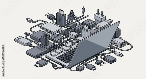 Laptop tangled in a web of numerous electronic cables and adapters