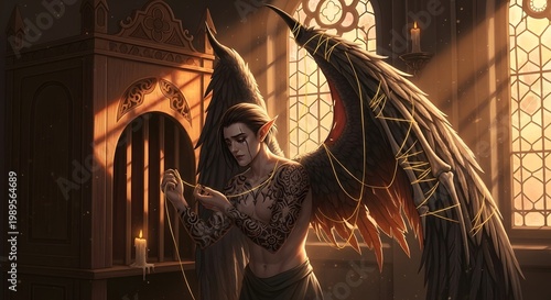 Mysterious winged being unravelling golden threads within a sunlit, ancient sanctuary