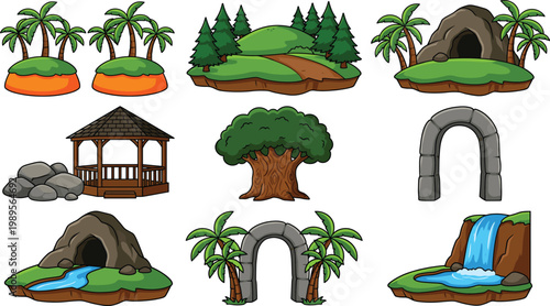 Cartoon Nature Landscape Elements Set with Islands, Trees, Cave, Waterfall, Arch and Pavilion for Game Design, Environment Illustration and Outdoor Graphics