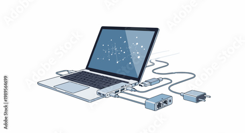 Laptop connected to hub with various cables, power, and network adapters