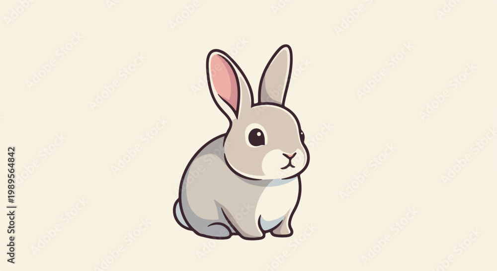Fototapeta premium A cute, fluffy gray rabbit sits on a light beige background