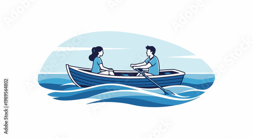 Couple rowing a blue boat on wavy blue water under a pale blue sky