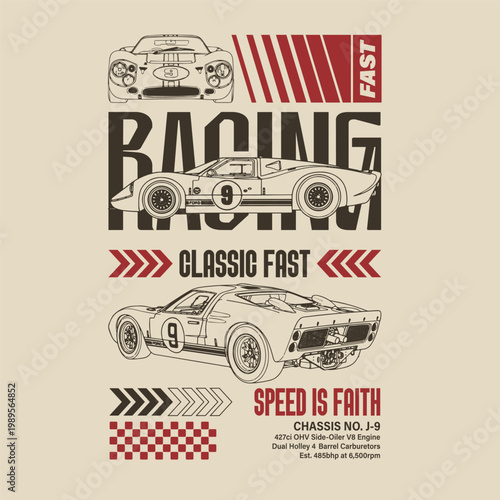 Vintage racing car illustration with classic typography, retro motorsport theme and detailed line art for t-shirt and automotive apparel design.